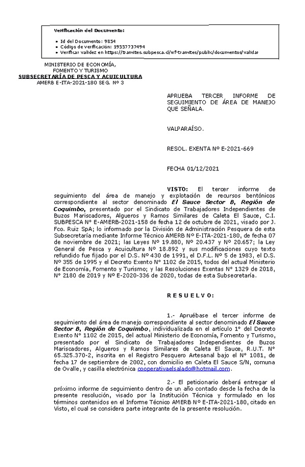 RESOL. EXENTA Nº E-2021-669 Aprueba 3° seguimiento. (Publicado en página web 02-12-2021)