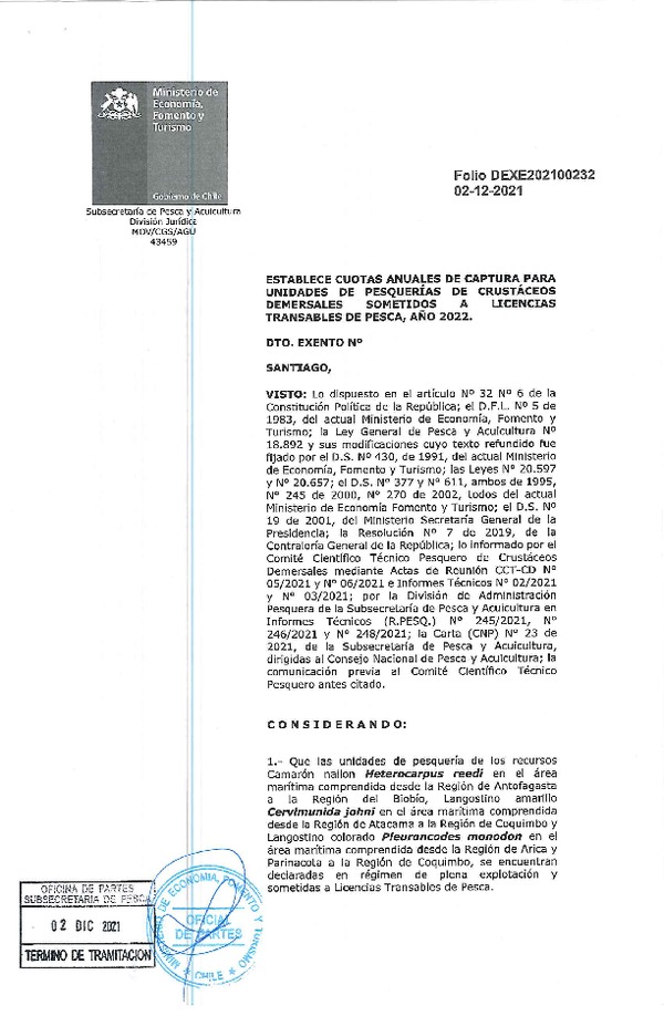 Dec. Ex. Folio 202100232 Establece Cuotas Anuales de Captura Para Unidades de Pesquerías de Crustáceos Demersales Sometidos a Licencias Transables de Pesca, Año 2022. (Publicado en Página Web 03-12-2021)