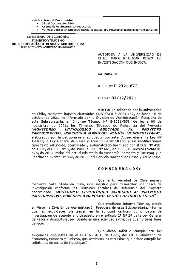 R. EX. Nº E-2021-673 MONITOREO LIMNOLÓGICO ASOCIADO AL PROYECTO PARTICIPATIVO, SUBCUENCA MAPOCHO, REGIÓN METROPOLITANA. (Publicado en Página Web 03-12-2021)