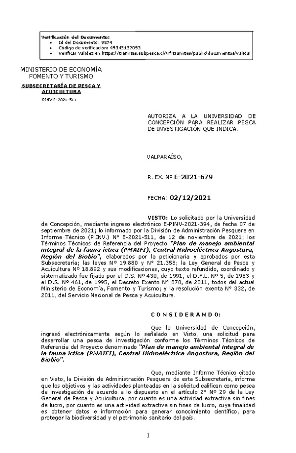 R. EX. Nº E-2021-679 Plan de manejo ambiental integral de la fauna íctica (PMAIFI), Central Hidroeléctrica Angostura, Región del Biobío. (Publicado en Página Web 03-12-2021)