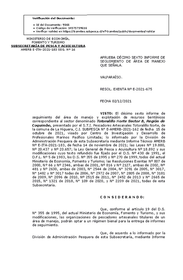 RESOL. EXENTA Nº E-2021-675 Aprueba 16° seguimiento. (Publicado en Página Web 03-12-2021)