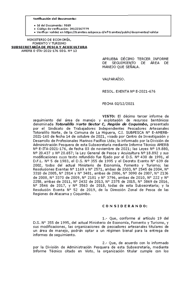 RESOL. EXENTA Nº E-2021-676 Aprueba 13° seguimiento. (Publicado en Página Web 03-12-2021)