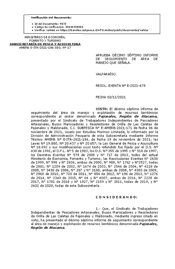 RESOL. EXENTA Nº E-2021-678 Aprueba 17° seguimiento. (Publicado en Página Web 03-12-2021)