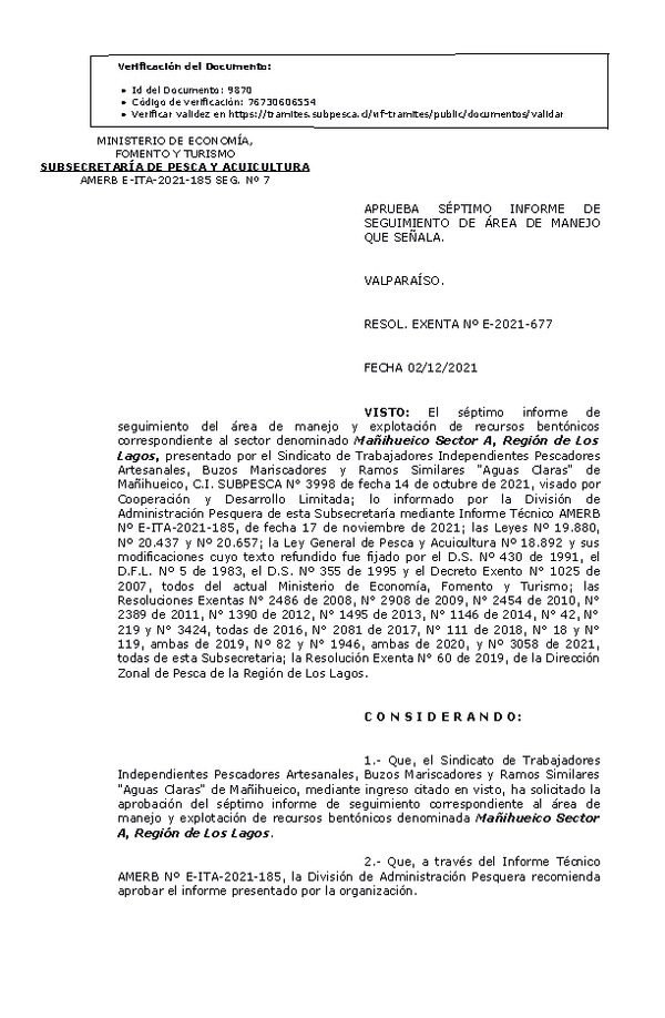 RESOL. EXENTA Nº E-2021-677 Aprueba 7° seguimiento. (Publicado en Página Web 03-12-2021)