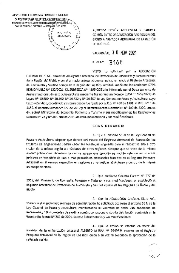 Res. Ex. N° 3168-2021 Autoriza Cesión Anchoveta, Región de Ñuble-Biobío a Región de Los Ríos. (Publicado en Página Web 06-12-2021)