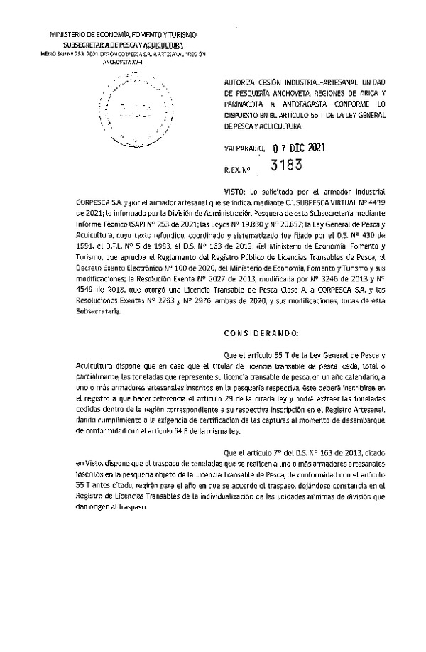 Res. Ex. N° 3183-2021 Autoriza Cesión Anchoveta, Regiones de Arica y Parinacota a Región de Antofagasta. (Publicado en Página Web 07-12-2021)