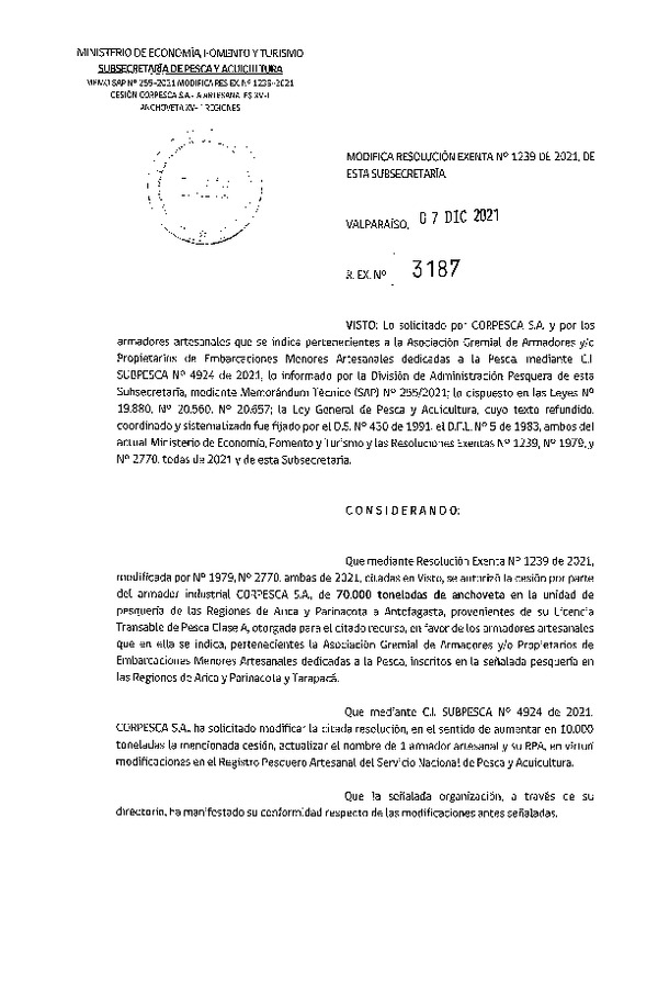 Res. Ex. N° 3187-2021 Modifica Res. Ex. N° 1239-2021 Autoriza Cesión Anchoveta, Regiones de Arica y Parinacota a Región de Antofagasta. (Publicado en Página Web 07-12-2021)