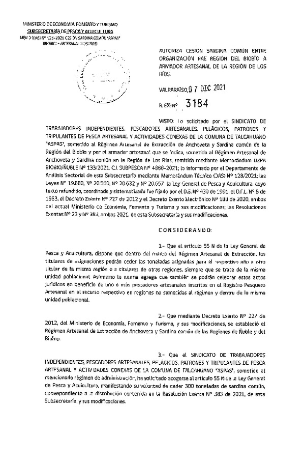 Res. Ex. N° 3184-2021 Autoriza Cesión sardina común, Región del Biobío a Región de Los Ríos. (Publicado en Página Web 07-12-2021)