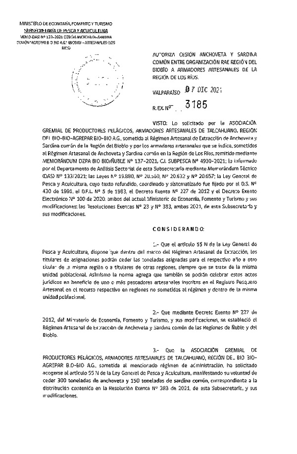 Res. Ex. N° 3185-2021 Autoriza Cesión sardina común, Región del Biobío a Región de Los Ríos. (Publicado en Página Web 07-12-2021)
