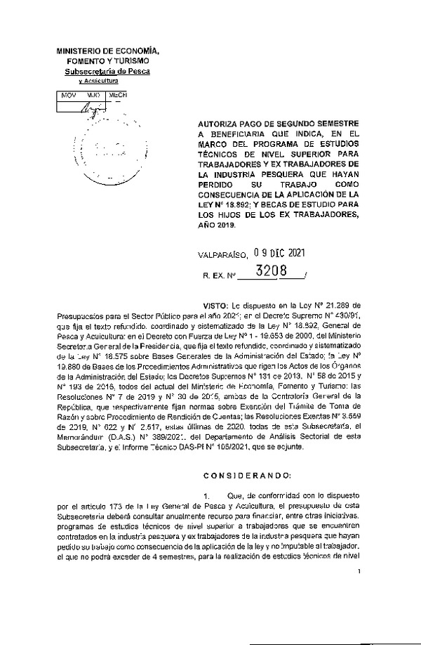 Res. Ex. N° 3208-2021 Autoriza pago de segundo semestre a beneficiarios que se indica. (Publicado en Página Web 09-12-2021)