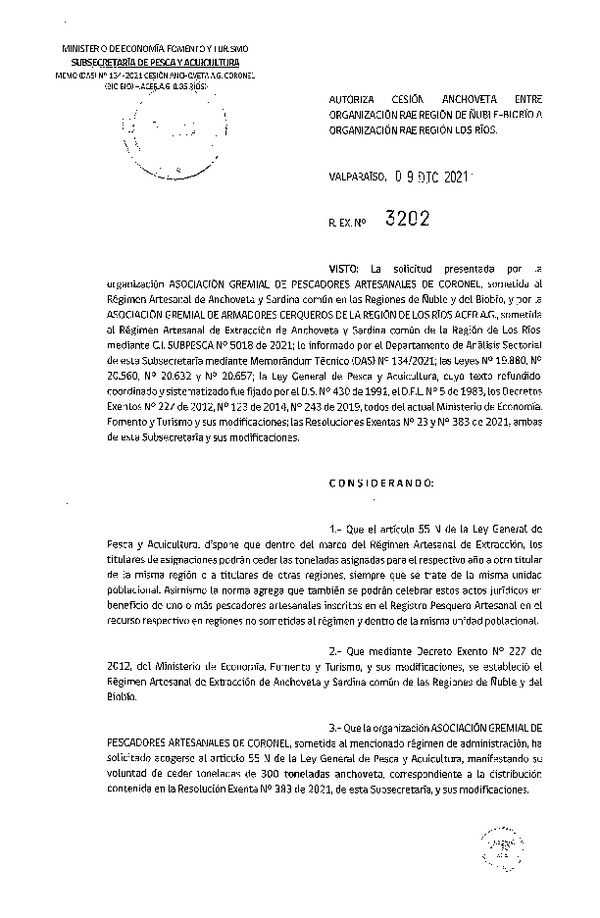 Res. Ex. N° 3202-2021 Autoriza Cesión Anchoveta, Región de Ñuble-Biobío a Región de Los Ríos. (Publicado en Página Web 09-12-2021)