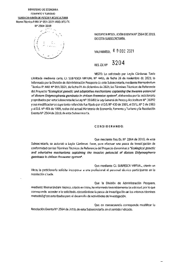 Res. Ex. N° 3204-2021 Modifica Res. Ex. N° 2564-2019 Didymosphenia geminata. (Publicado en Página Web 09-12-2021)