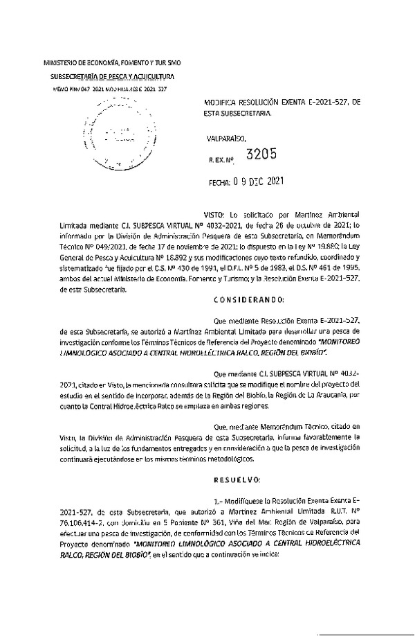 Res. Ex. N° 3205-2021 Modifica R. EX. Nº E-2021-527 MONITOREO LIMNOLÓGICO ASOCIADO A CENTRAL HIDROELÉCTRICA RALCO, REGIÓN DEL BIOBÍO. (Publicado en Página Web 09-12-2021)