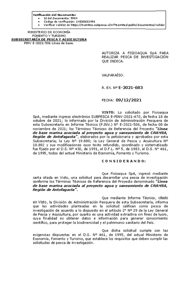 R. EX. Nº E-2021-683 Línea de base marina asociada al proyecto agua y saneamiento de CRAMSA, Región de Antofagasta. (Publicado en Página Web 09-12-2021)