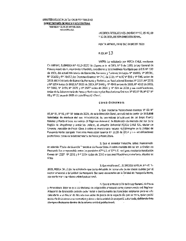 Res. Ex. N° 13-2021 (DZP Región de Magallanes y Antártica Chilena) Modifica Res. Ex. N° 02, N° 05, N° 07, N° 09 y 010, todas de 2021 que Autorizaron cesión Merluza del Sur. (Publicado en Página Web 10-12-2021)