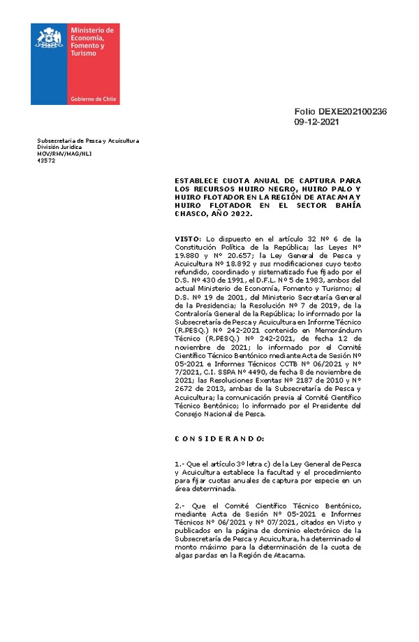 Dec. Ex. Folio 202100236 Establece Cuota Anual de Captura para los Recursos Huiro negro, Huiro palo y Huiro Flotador en la Región de Atacama y Huiro Flotador en el Sector Bahía Chasco, año 2022. (Publicado en Página Web 10-12-2021)