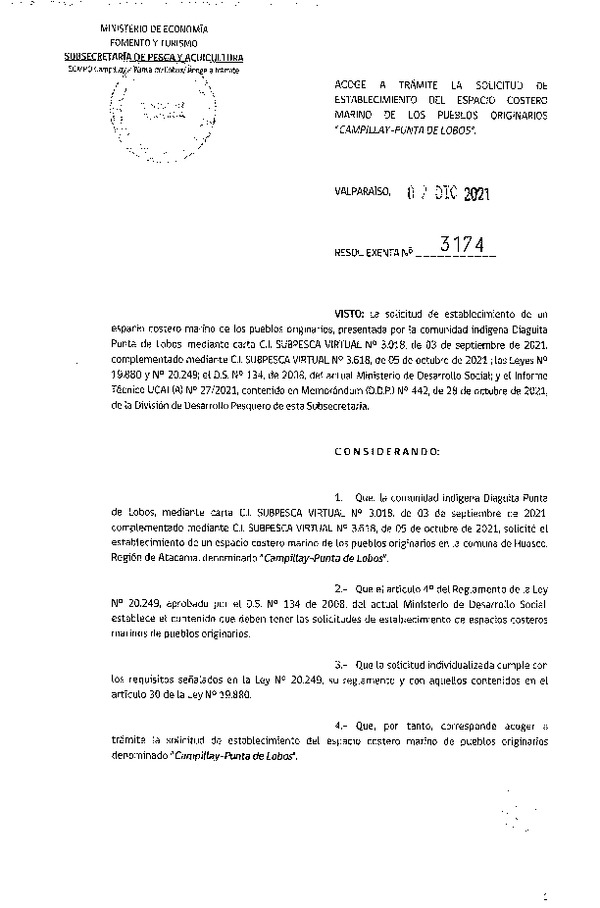 Res. Ex. N° 3174-2021 Acoge a trámite solicitud de establecimiento de ECMPO Campillay-Punta de Lobos. (Publicado en Página Web 10-12-2021)