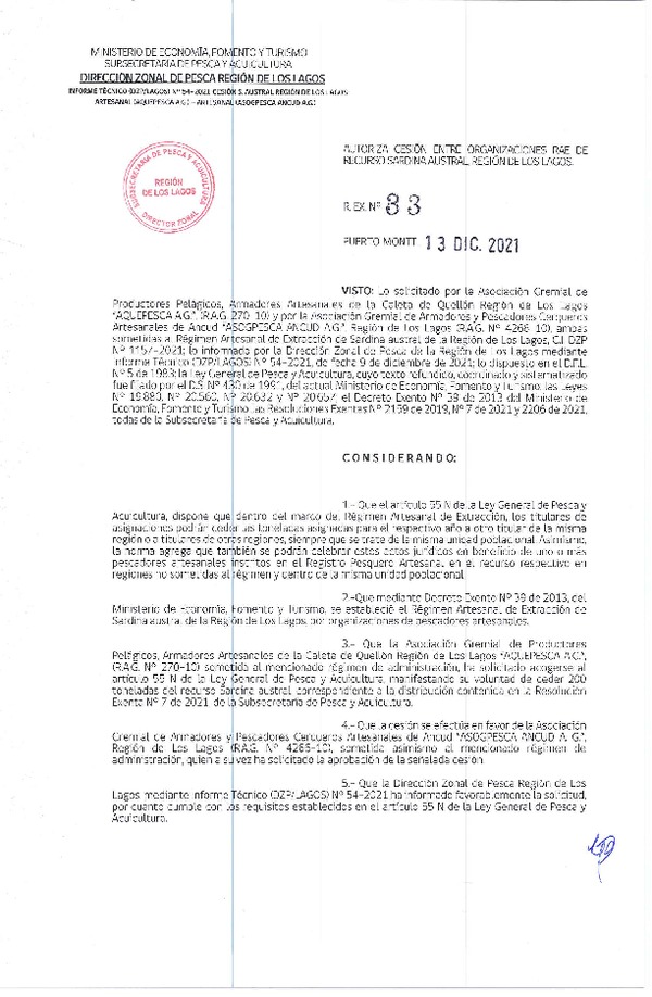 Res. Ex. 33-2021 (DZP Región de Los Lagos) Autoriza cesión sardina austral Región de Los Lagos. (Publicado en Página Web 14-12-2021)