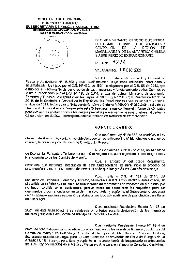 Res. Ex. N° 3224-2021 Declara Vacantes Cargos que Indica, del Comité de Manejo de Centolla y Centollón de la Región de Magallanes y de La Antártica Chilena y Abre Período Extraordinario. (Publicado en Página Web 13-12-2021)