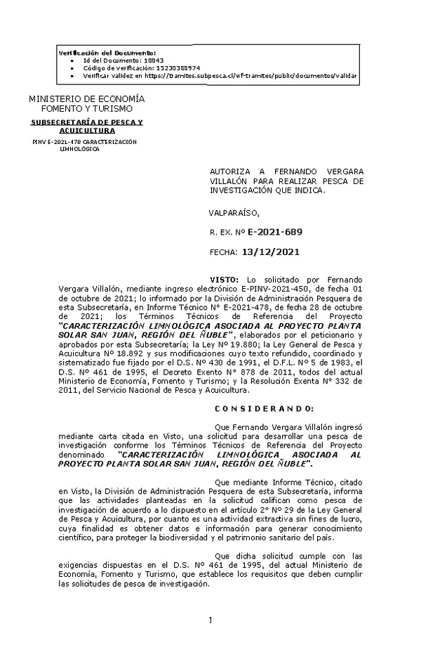 R. EX. Nº E-2021-689 CARACTERIZACIÓN LIMNOLÓGICA ASOCIADA AL PROYECTO PLANTA SOLAR SAN JUAN, REGIÓN DEL ÑUBLE. (Publicado en Página Web 14-12-2021