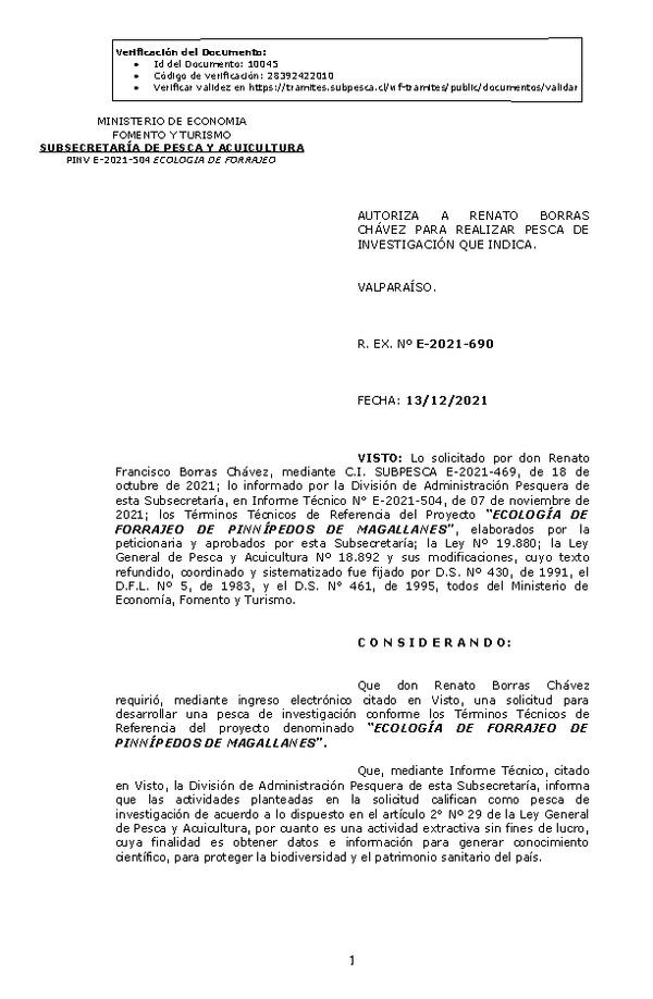 R. EX. Nº E-2021-690 ECOLOGÍA DE FORRAJEO DE PINNÍPEDOS DE MAGALLANES. (Publicado en Página Web 14-12-2021