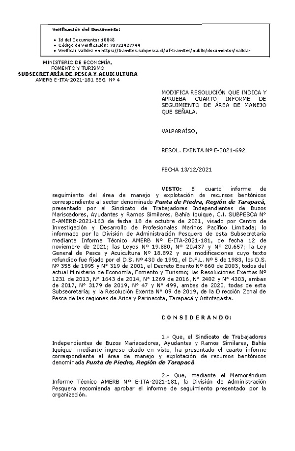 R. EX. Nº E-2021-692 Modifica Resolución que indica, Aprueba 4° Seguimiento. (Publicado en Página Web 14-12-2021