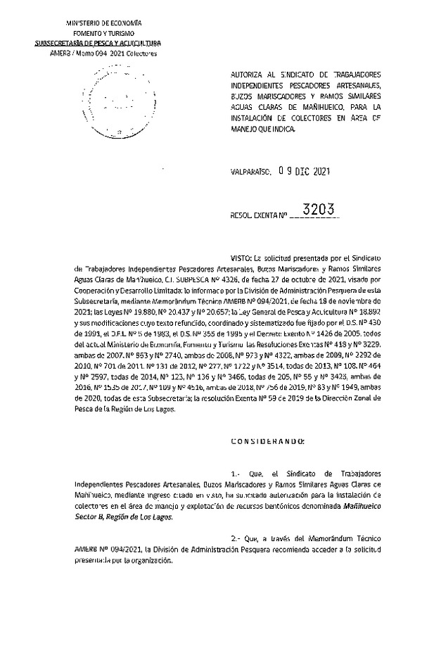 Res. Ex. N° 3203-2021 Autoriza Instalación de Colectores. (Publicado en Página Web 14-12-2021)