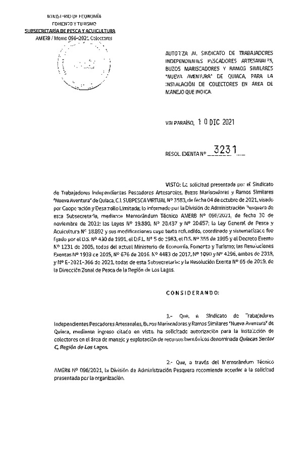 Res. Ex. N° 3231-2021 Autoriza Instalación de Colectores. (Publicado en Página Web 14-12-2021)