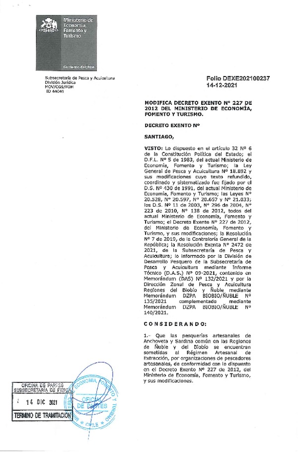 Dec. Ex. Folio 202100237 Modifica Decreto Exento N°227 de 2012 RAE Pelágicos Regiones de Ñuble y del Biobío. (Publicado en Página Web 14-12-2021)