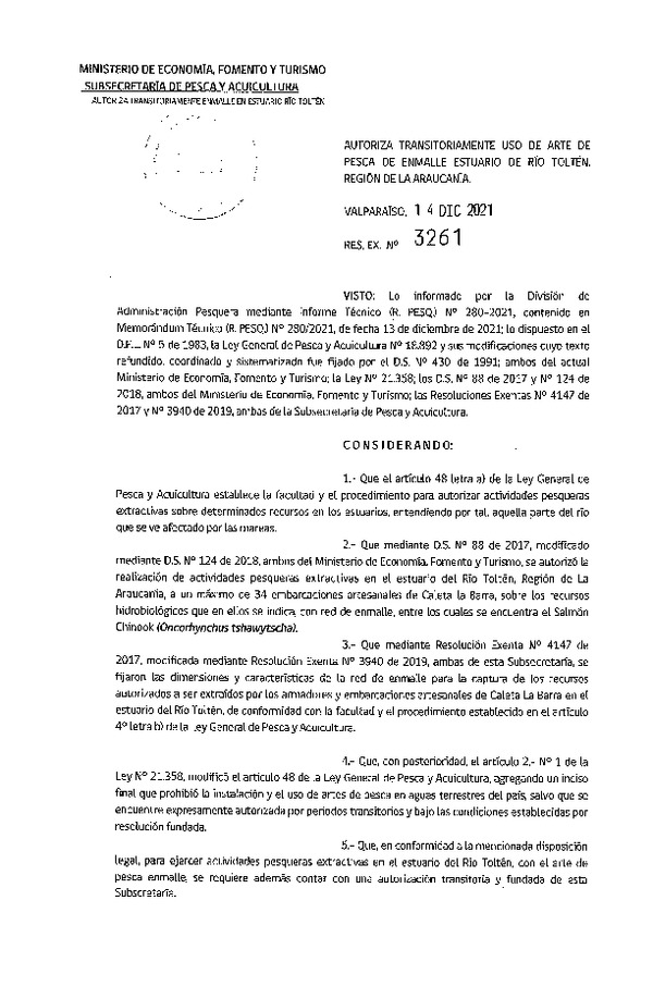 Res. Ex. N° 3261-2021 Autoriza Transitoriamente uso de Arte de Pesca de Enmalle Estuario de Río Toltén, Región de La Araucanía. (Publicado en Página Web 15-12-2021)
