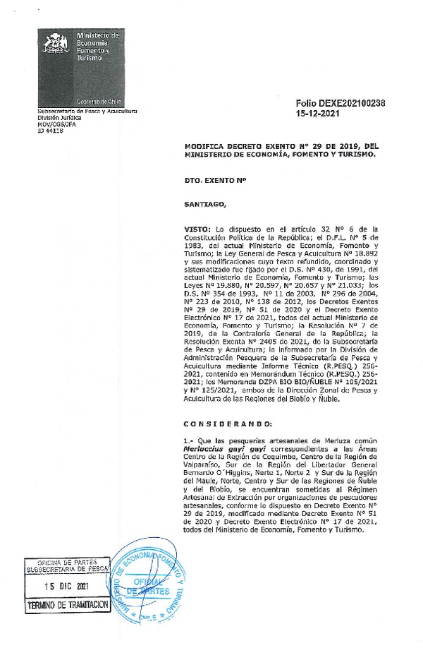 Dec. Ex. Folio 202100238 Modifica Dec. Ex. N° 29-2019 Establece Régimen Artesanal de Extracción Por Organización Pesquería Merluza Común, Regiones de Coquimbo al Biobío, 2019-2028. (Publicado en Página Web 15-12-2021)