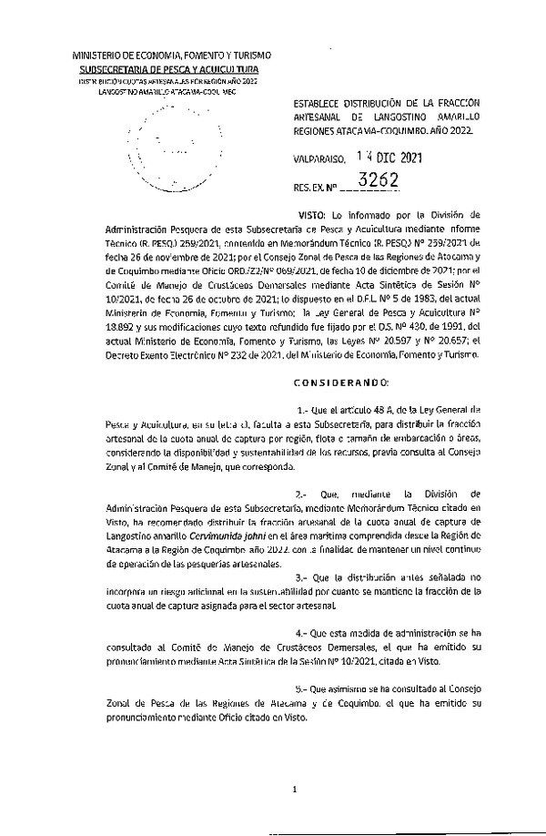 Res. Ex. N° 3262-2021 Establece Distribución de la Fracción Artesanal de Langostino Amarillo, Regiones de Atacama y Coquimbo, Año 2022. (Publicado en Página Web 15-12-2021)