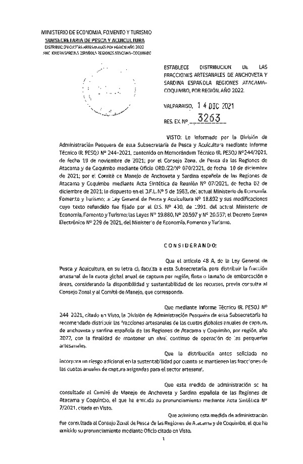 Res. Ex. N° 3263-2021 Establece Distribución de las Fracciones Artesanales de Anchoveta y Sardina Española Regiones de Atacama y Coquimbo, Por Región, Año 2022. (Publicado en Página Web 15-12-2021)