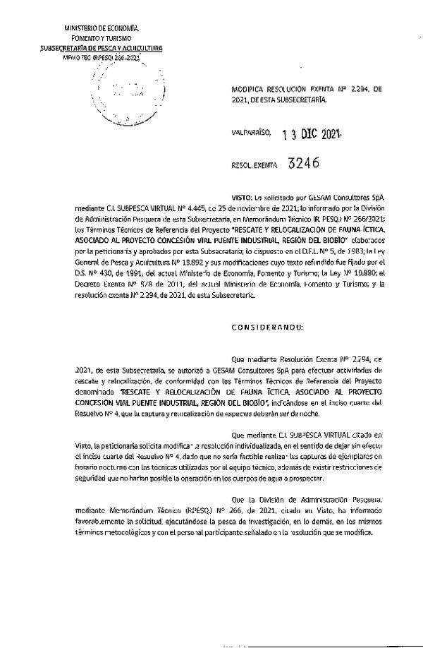 Res. Ex. N° 3246-2021 Modifica Res. Ex. N° 2294-2021 Rescate y Relocalización de Fauna Íctitca, Región del Ñuble. (Publicado en Página Web 15-12-2021).