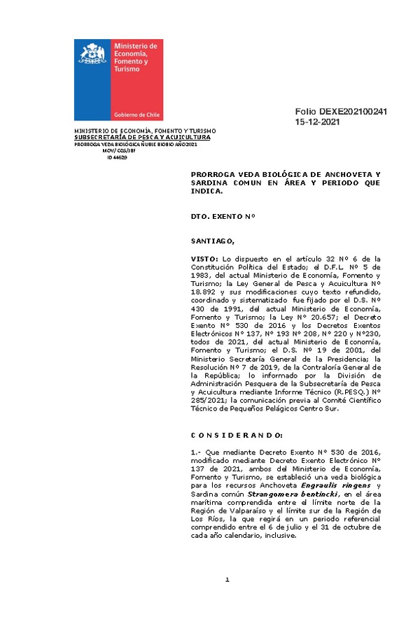 Dec. Ex. Folio N°202100241 Prorroga Veda Biológica de Anchoveta y Sardina Común, Regiones de Ñuble y del Biobío. (Publicado en Página Web 15-12-2021)