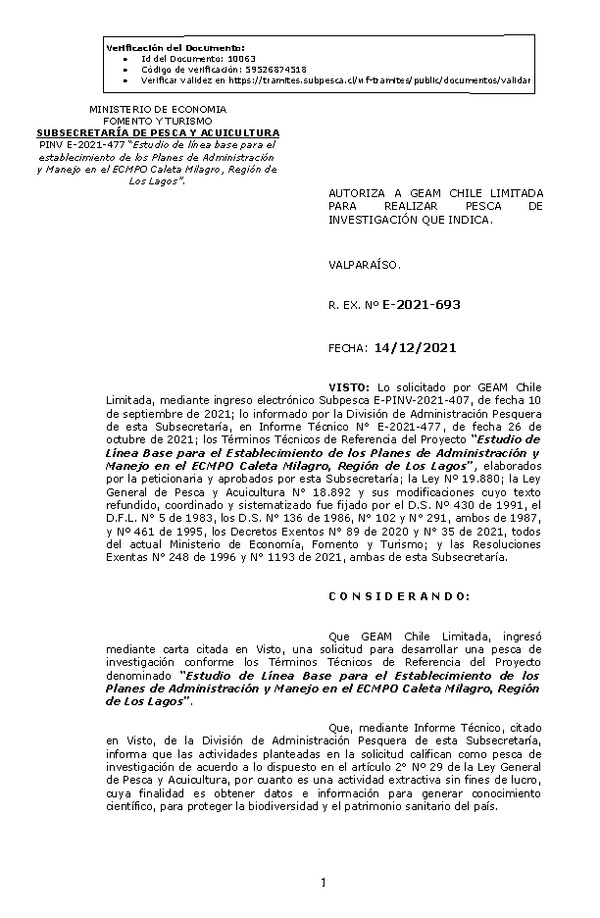 R. EX. Nº E-2021-693 Estudio de Línea Base para el Establecimiento de los Planes de Administración y Manejo en el ECMPO Caleta Milagro, Región de Los Lagos. (Publicado en Página Web 16-12-2021)