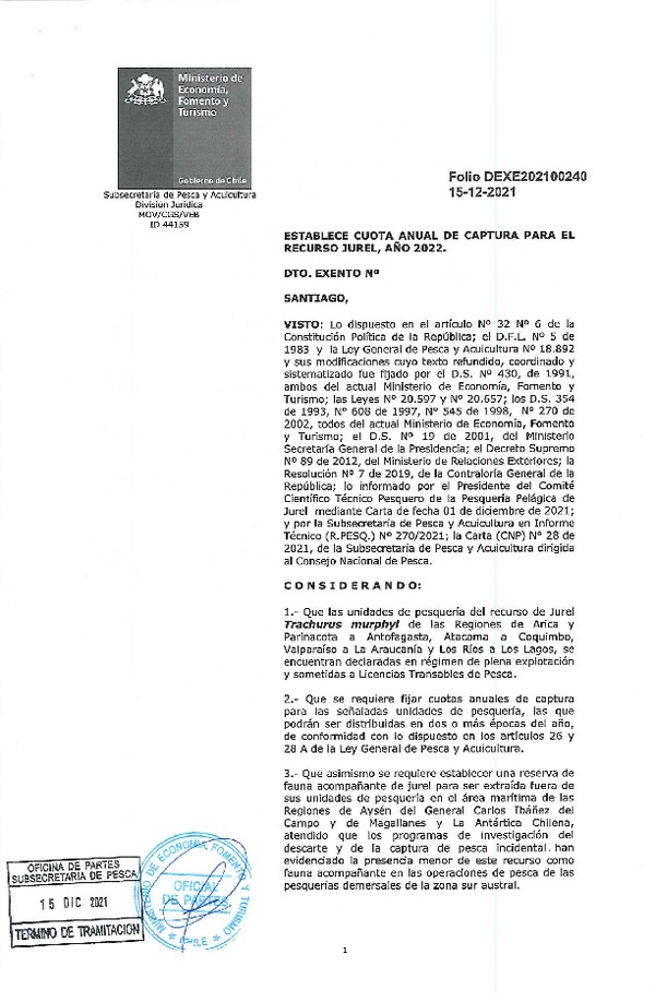 Dec. Ex. Folio 202100240 Establece Cuota Anual de Captura Para el Recurso Jurel, Año 2022. (Publicado en Página Web 16-12-2021)