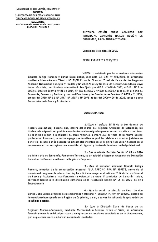 Res. Ex. N° 0013-2021 (DZP Atacama y Coquimbo) Autoriza cesión Camarón nailon, Región de Coquimbo. (Publicado en Página Web 16-12-2021)