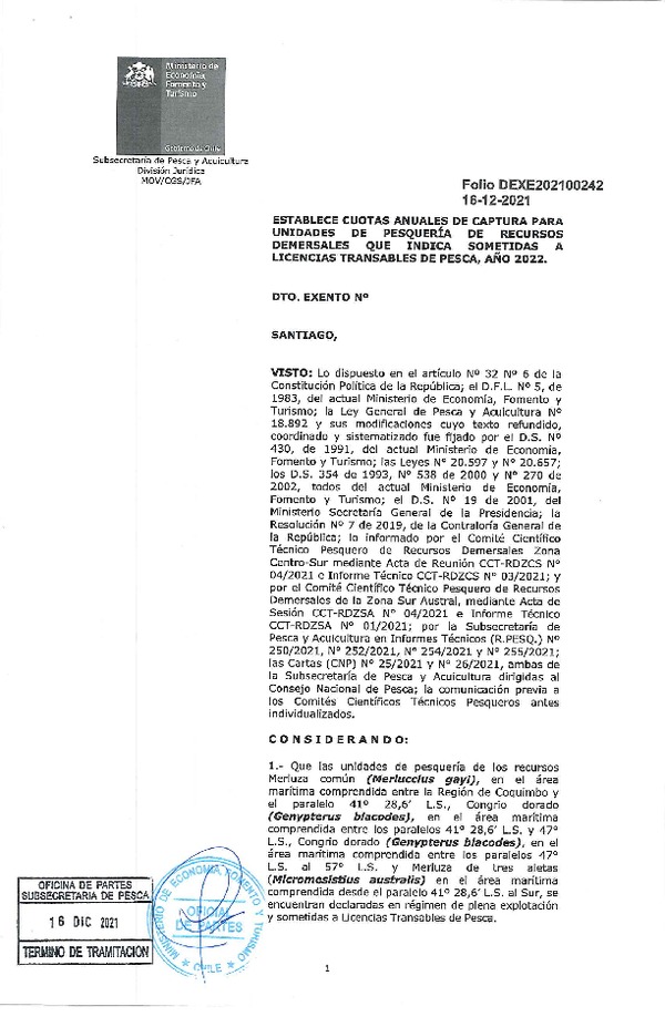 Dec. Ex. Folio 202100242 Establece Cuotas Anuales de Captura para Unidades de Pesquería de Recursos Demersales que Indica Sometidas a Licencias Transables de Pesca, Año 2022. (Publicado en Página Web 09-11-2021)