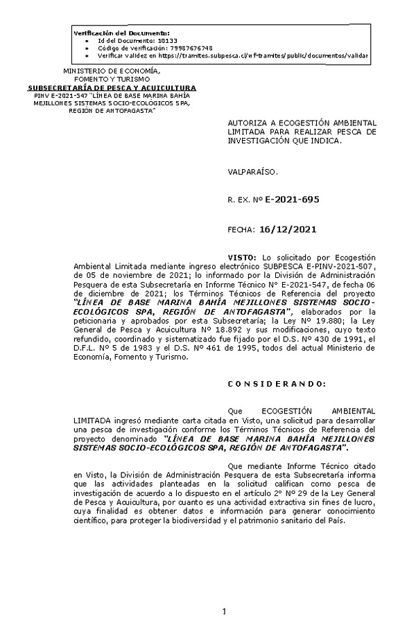 R. EX. Nº E-2021-695 LÍNEA DE BASE MARINA BAHÍA MEJILLONES SISTEMAS SOCIOECOLÓGICOS SPA, REGIÓN DE ANTOFAGASTA. (Publicado en Página Web 17-12-2021)