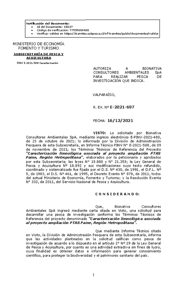 R. EX. Nº E-2021-697 Caracterización limnológica asociada al proyecto ampliación PTAS Paine, Región Metropolitana. (Publicado en Página Web 17-12-2021)