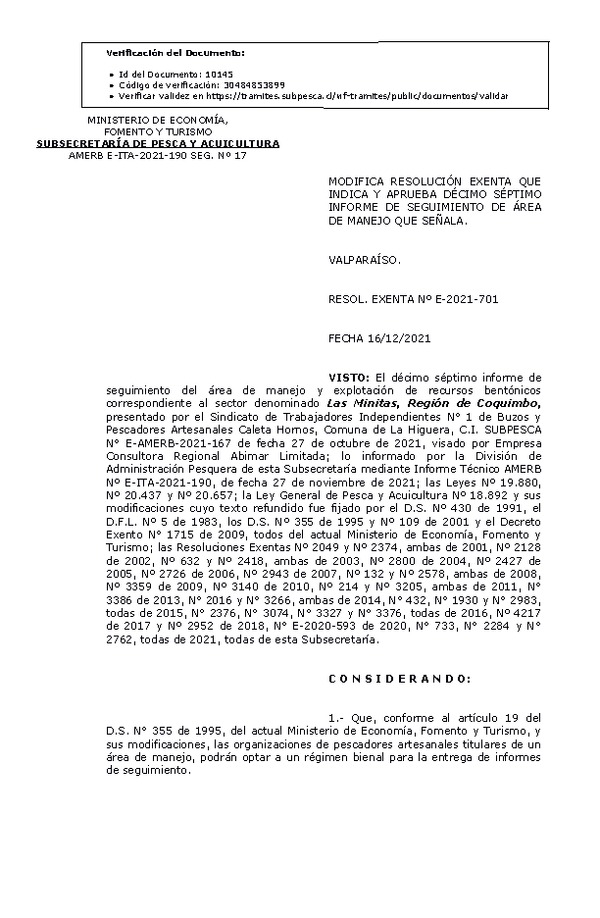 RESOL. EXENTA Nº E-2021-701 Modifica resolución que indica, Aprueba 17° Seguimiento. (Publicado en Página Web 17-12-2021)v