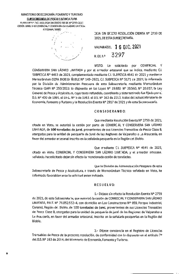 Res. Ex. N° 3297-2021 Deja sin efecto Res. Ex. N° 2759-2021. (Publicado en Página Web 17-12-2021)