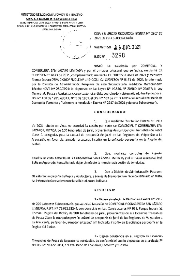 Res. Ex. N° 3298-2021 Deja sin efecto Res. Ex. N° 2917-2021. (Publicado en Página Web 17-12-2021)