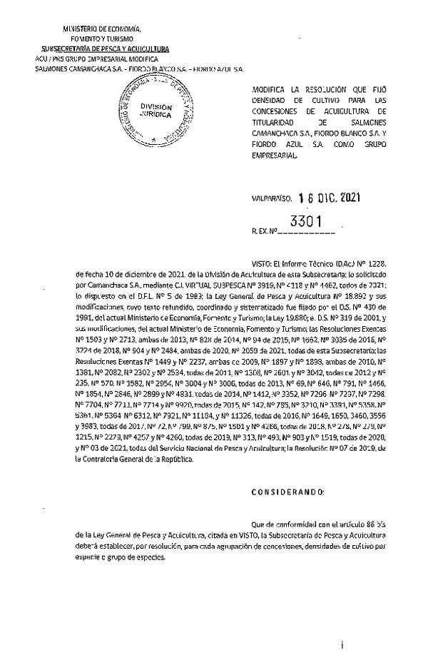 Res. Ex. 3301-2021 Modifica Res. Ex. N° 2059-2021 Fija densidad de cultivo para las concesiones de acuicultura de Camanchaca S.A., Fiordo Blanco S.A. Sur, Salmones Pacific Star S.A. y Fiordo Azul S.A. como grupo empresarial Región de Los Lagos y Aysén. (Con Informe Técnico) (Publicado en Página Web 17-12-2021