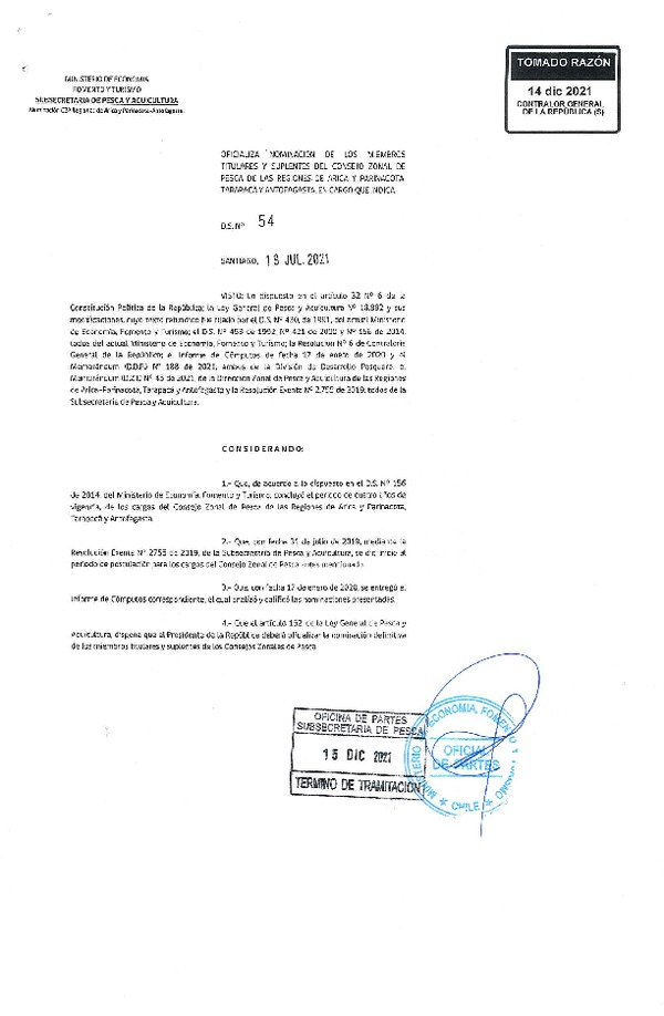 D.S. 54-2021 Oficializa Nominación de los Miembros Titulares y Suplentes del Consejo Zonal de Pesca de las Regiones de Arica y Parinacota, Tarapacá y Antofagasta, en Cargo que Indica. (Publicado en Página Web 20-12-2021) (F.D.O. 20-12-2021)