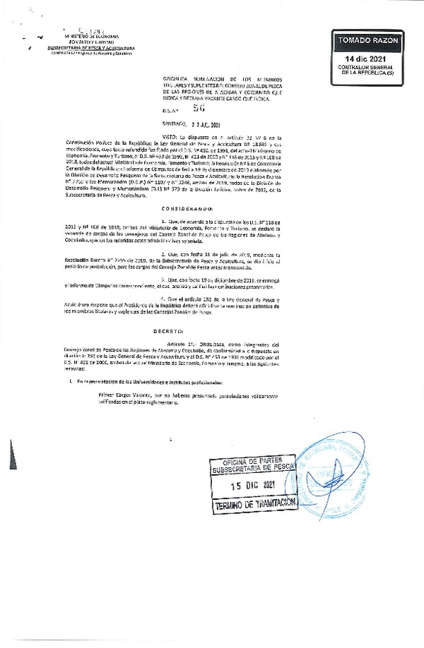 D.S. 56-2021 Oficializa Nominación de los Miembros Titulares y Suplentes del Consejo Zonal de Pesca de las Regiones de Atacama y Coquimbo y Declara Vacante Cargo que Indica. (Publicado en Página Web 20-12-2021) (F.D.O. 20-12-2021)