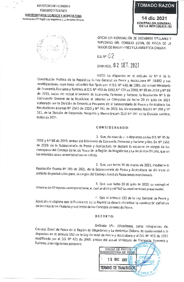 D.S. 62-2021 Oficializa Nominación de los Miembros Titulares y Suplentes del Consejo Zonal de Pesca de la Región de Magallanes y La Antártica Chilena. (Publicado en Página Web 20-12-2021) (F.D.O. 20-12-2021)