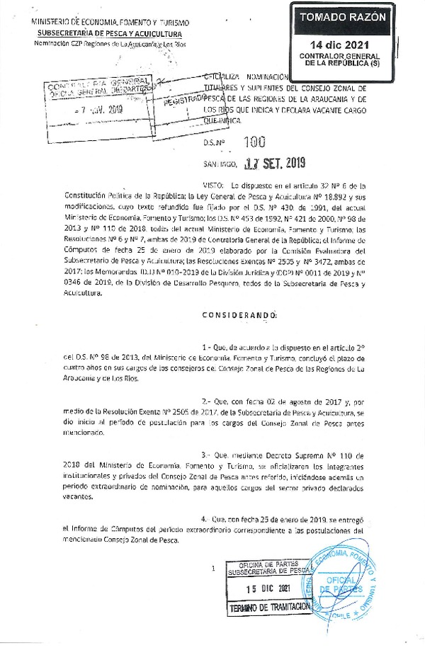 D.S. 100-2021 Oficializa Nominación de los Miembros Titulares y Suplentes del Consejo Zonal de Pesca de las Regiones de La Araucanía y de Los Ríos que Indica y Declara Vacante Cargo que Indica. (Publicado en Página Web 20-12-2021) (F.D.O. 20-12-2021)