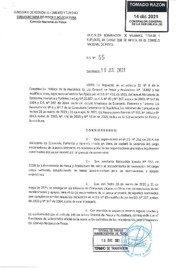 D.S. 55-2021 Oficializa Nominación de Miembro, Titular y Suplente, en Cargo que se Indica, en el Consejo Nacional de Pesca. (Publicado en Página Web 20-12-2021) (F.D.O. 20-12-2021)